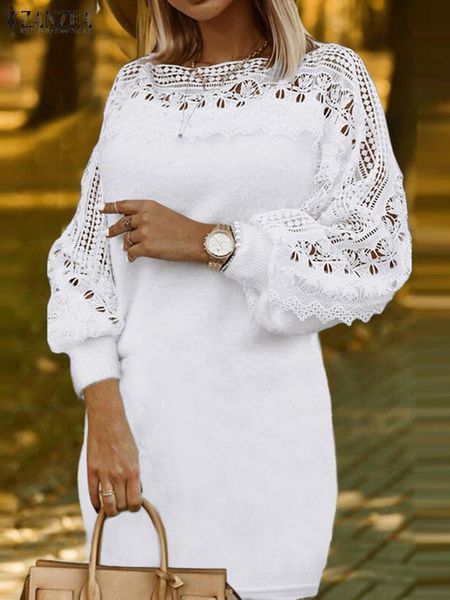 

dresses zanzea women lace stitching dresses 2022 winter holiday hollow out knitted robe fashion long sleeve short vestidos elegant dress, Black;gray