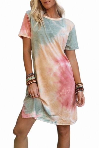

multicolor tie dye oversized slit tee dress 2023 new m00g#, Black;pink