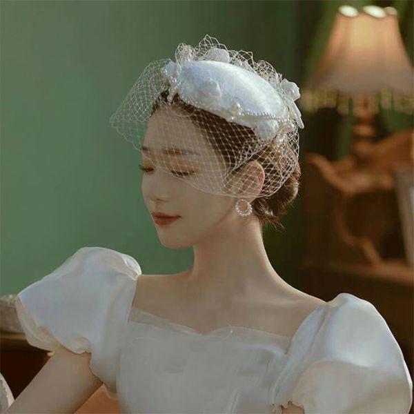 

vintage hepburn style white satin pearl thin bow tie stage banquet celebrity mesh hat bridal studio hat accessories