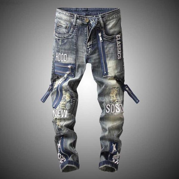

men's jeans fashion vintage moto biker men hip hop streetwear ripped denim pants trousers zipper male slim fit clothes bp011, Blue