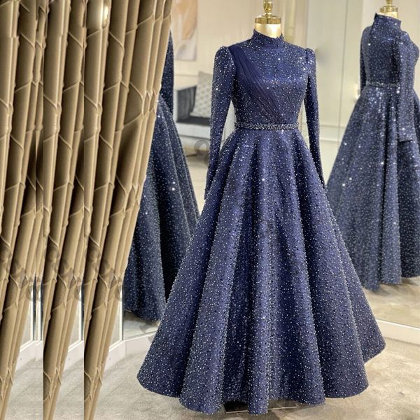 

shiny turkish kaftan prom dresses sequin a line ankle length evening party dress bead high neck long sleeve muslim formal gowns, Black