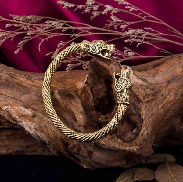 

ancient double rage dragon head viking bracelet bangle fashion male vintage accessories animal india jewelry findings l2206228880353, Golden;silver