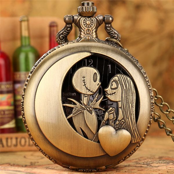 

bronze pocket watch nightmare mummy skull design men women quartz analog clock with necklace pendant chain, Slivery;golden