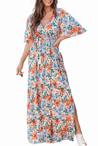 

sky blue floral print wrap belted maxi dress x3wh#, Black;pink