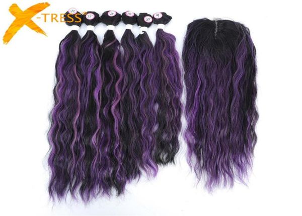 

highlight purple colored synthetic hair bundles with lace closure for women middle part weave extensions xtress curly weaving 2201303479, Black;brown