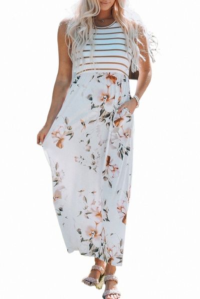 

white striped floral print sleeveless maxi dress with pocket q4cg#, Black;pink