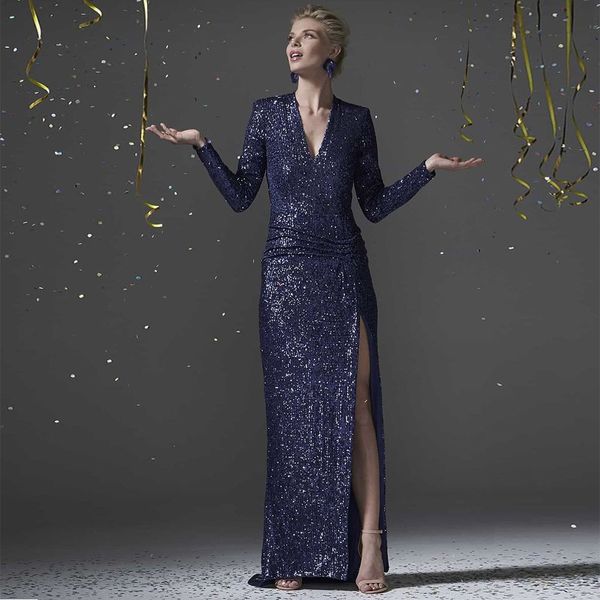 

navy blue sheath mother of the bride dresses with long sleeve sequin v neck wedding party evening gowns side split, Black;red