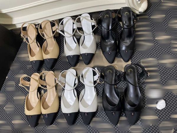 

cnel women dress shoes channnel sandals womens loafers goatskin cap toe ladies sandal party wedding high heels genuine leather low heel slip, Black