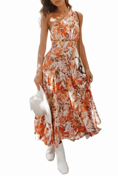 

orange floral print pleated one shoulder high waist maxi dress o1of#, Black;pink