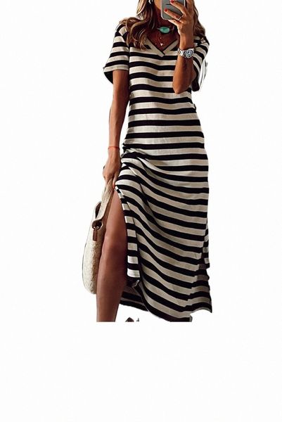 

black stripe print v neck maxi dress with side splits k3az#, Black;pink