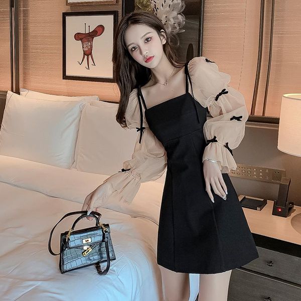 

dresses french elegant party night woman mini dress patchwork mesh puff sleeve bow sweet girls black short dresses women clothes vestido, Black;gray