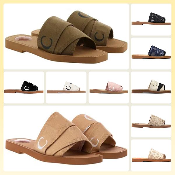 

designer woody sandals womens mules flat slides light tan beige white black pink red lace lettering fabric canvas slippers summer outdoor sh