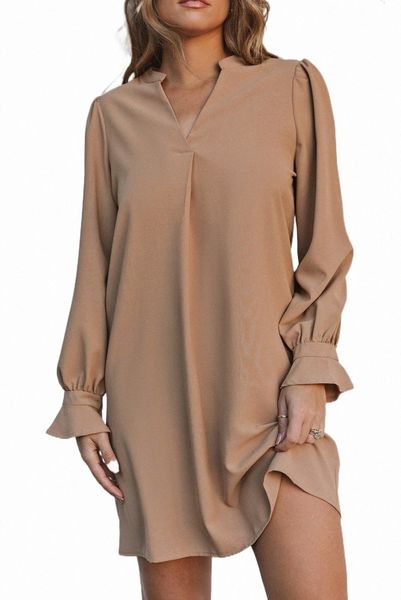 

apricot split v neck ruffled sleeves shirt dress x2up#, Black;pink