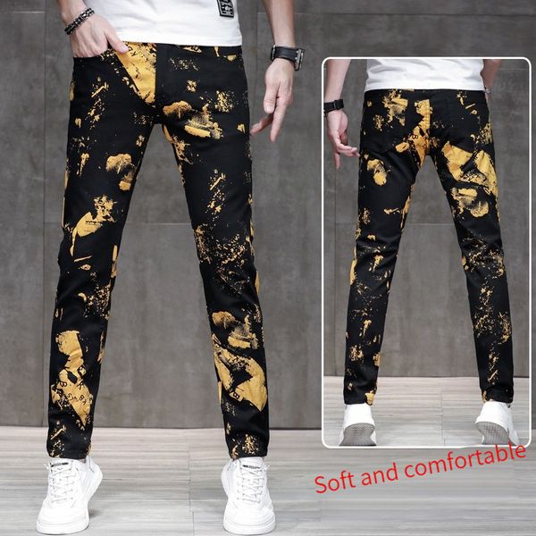 

men's pants personalized new printed pants men slim stretch fashion brand black gold luxury dyeing jeans design youth small feet slim t, Blue
