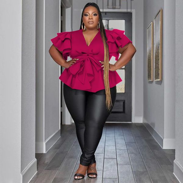 

women's plus size tshirt women solid ruffle v neck shirt for lady 2023 spring bow fashion casual club outfit female formal clothing 23, Black