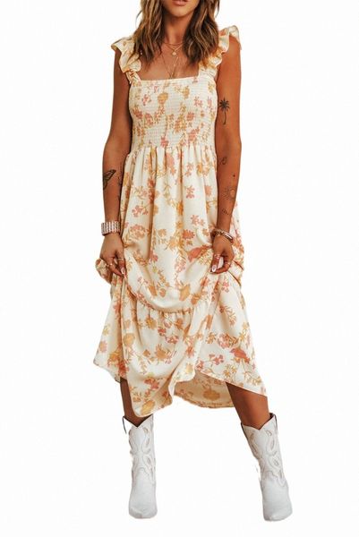 

white ruffle shoulder straps smocked bodice printed dress s5od#, Black;pink