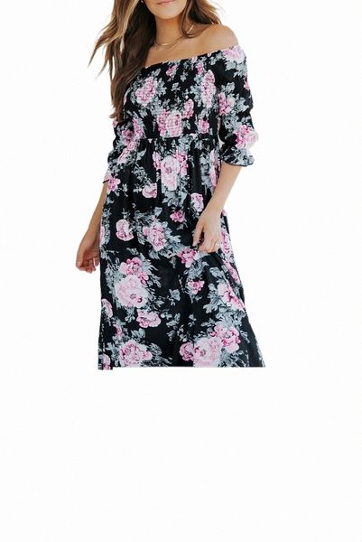 

black floral print smocked bust high waist maxi dress 36ho#, Black;pink