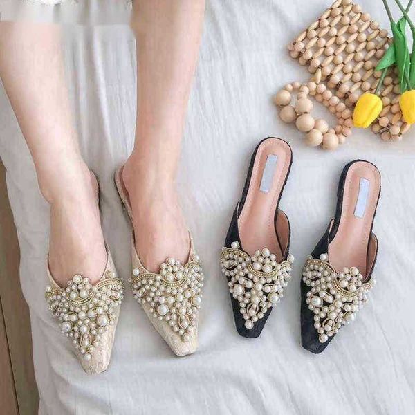 

slipper bailehou handmade shoe pearl woman bead string mule slip on outdoor slide lady summer sandal 220622, Black