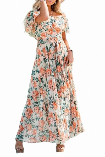 

off-shoulder floral ruffle maxi dress 2023 new d4g4#, Black;pink
