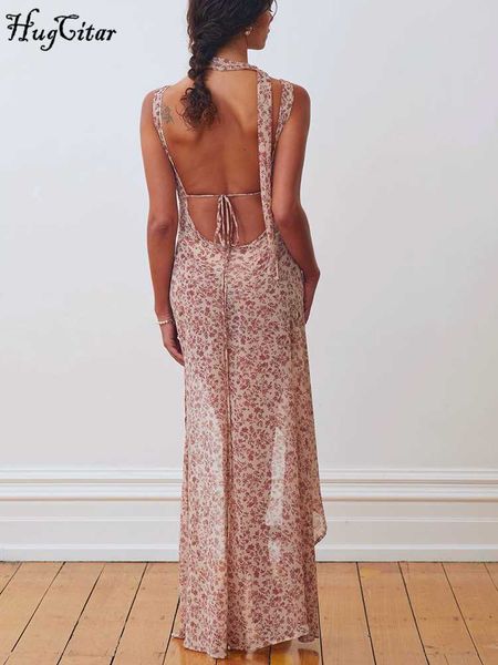 

rukas chiffon floral print scarf backless lace up slit elegant slim slips maxi dress 2023 summer women festival party, White;black