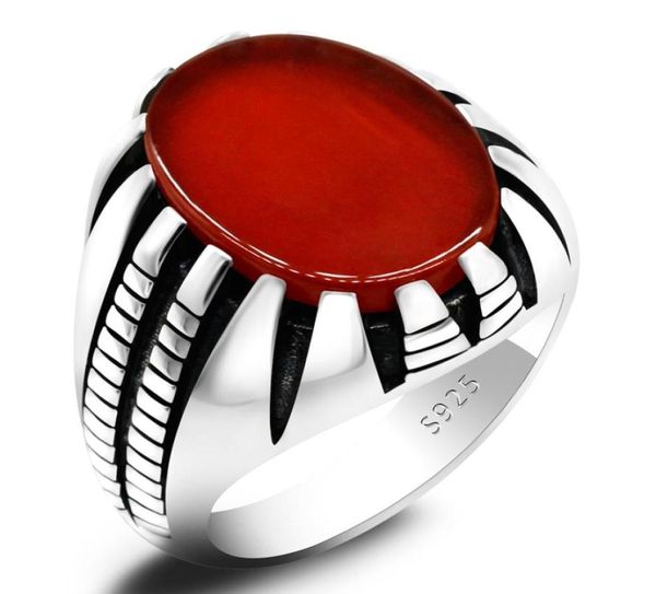 

turkish men ring with natural agate sterling silver 925 punk magic paw male rings with red stone vintage jewelry for party6108628, Golden;silver
