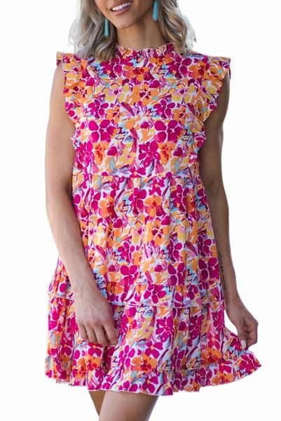 

red ruffle trim tiered sleeveless floral mini dress w3mw#, Black;pink