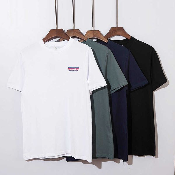 

100% cotton patagonia tshirt blue and red mountain print round neck short-sleeved t-shirt men and women tee