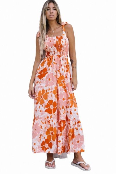 

orange shirred lace-up strap sleeveless floral maxi dress u4qo#, Black;pink