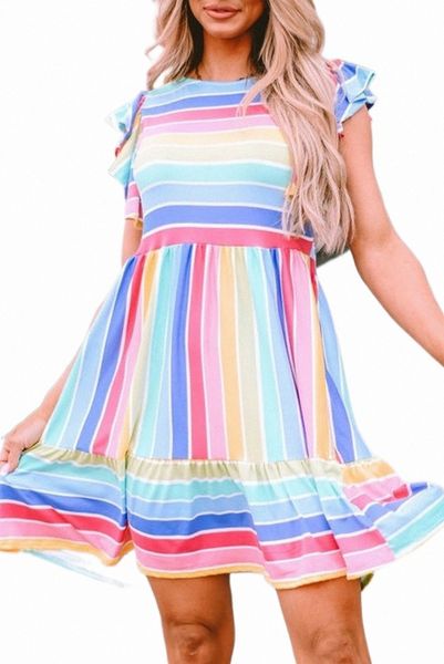 

multicolor striped ruffle flared babydoll dress j6ib#, Black;pink