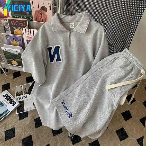 

yiciya women's two piece pants summer shorts matching set women casual clothes solid sportswear suit female turn down collar letter dr, White