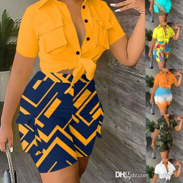 

designer plus size womens tracksuits two pieces set 2023 summer v collar pockets print shirt short sleeve shorts suit sportwear, Gray