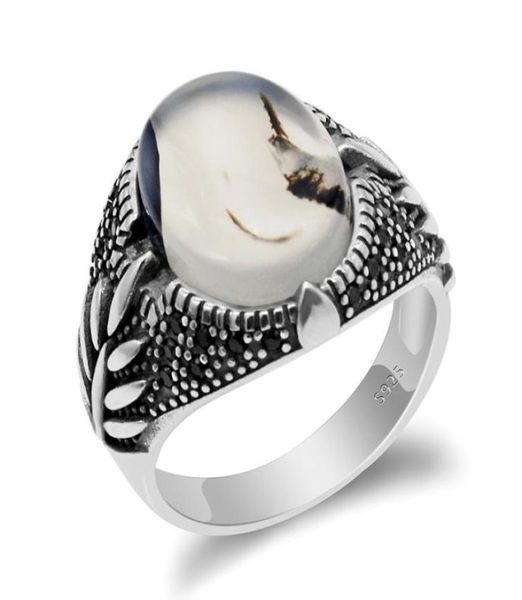 

925 sterling silver turkish agate men ring with big natural agate stone ring vintage thai silver with black cz for man women3514933, Golden;silver