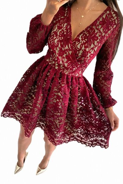 

wine red v neck lace skater mini dress 2023 new i6kn#, Black;pink