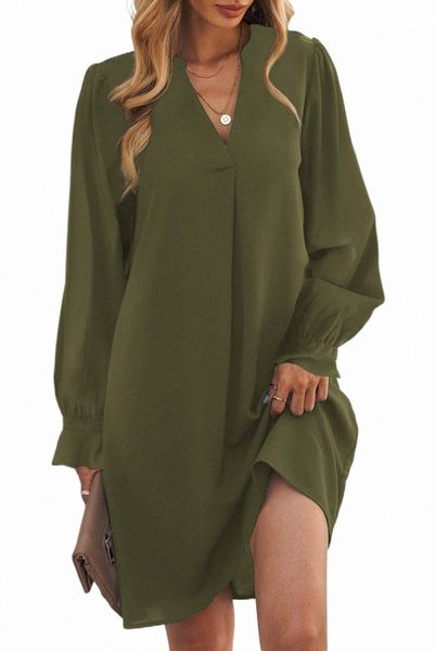 

green split v neck ruffled sleeves shirt dress c1ny#, Black;pink