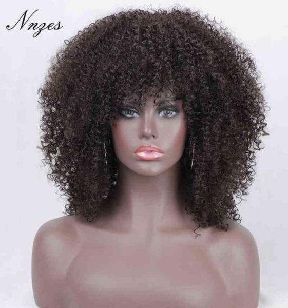 

hair nnzes short afro kinky curly dark brown mixed black synthetic with bangs for women blonde red grey cosplay hairs 2203019293718, Black;brown
