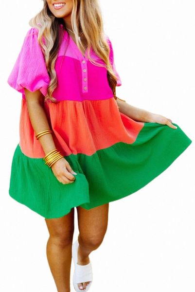 

multicolor color block tiered puff sleeve dress l6zy#, Black;pink