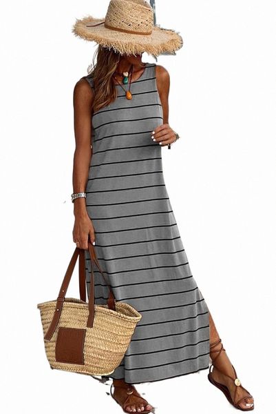 

gray stripe print open back sleeveless maxi dress with slits z5k8#, Black;pink
