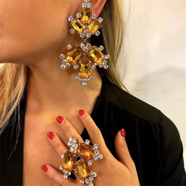 

dangle chandelier 5 warna berlian imitasi kristal persegi besar batu liontin geometris drop menjuntai anting jari cincin set perhiasan untuk, Silver