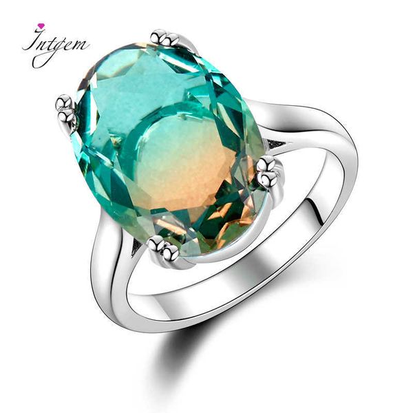 

band rings fashion big oval aaaaa zircon rainbow gemstone 13*18mm multicolor tourmaline wedding ring bridal jewelry engagement party gift j2, Silver