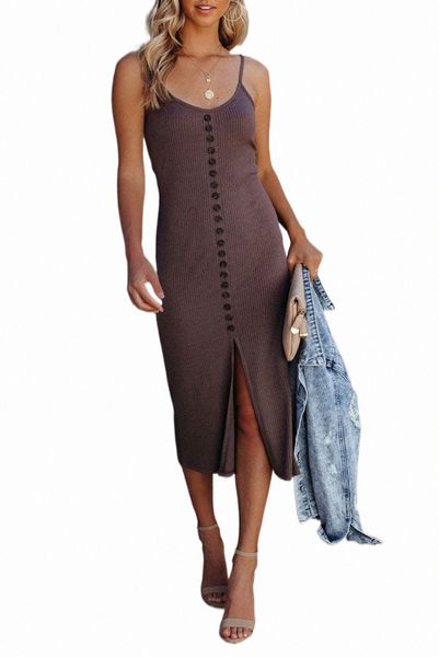 

brown buttoned ribbed knit sleeveless midi dress with slit g2dk#, Black;pink