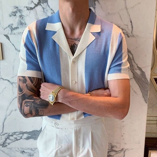 

men s polos 2023 kaus polo bergaris rajutan pria pakaian mewah kasual setelan streetwear kerah kancing bawah bernapas musim panas m 3xl 2305, White;black