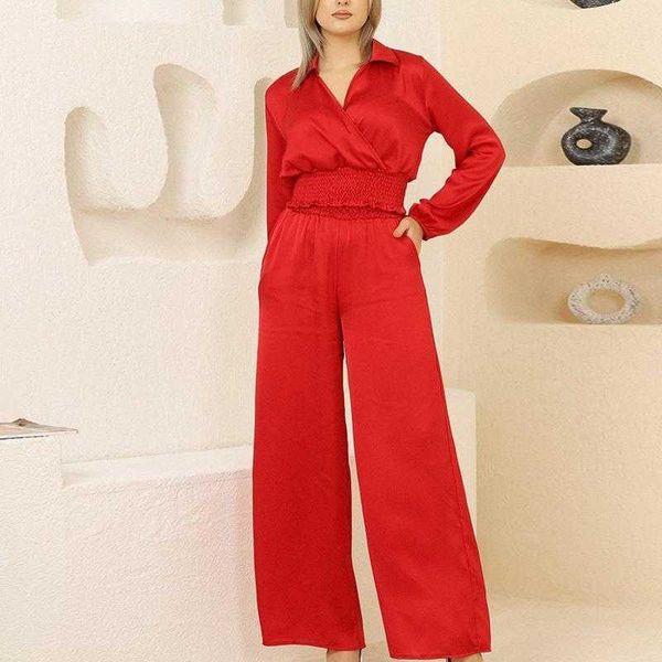 

womens suit short tight waist pant v neck long sleeve shirt wide leg elastic trousers two piece set, White