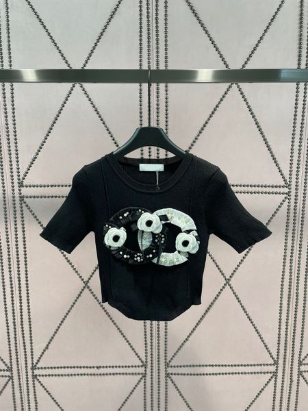

new 2023 fashion summer flower bow knit sweater women o-neck short sleeve solid pattern elegant casual knitted pullover, White;black