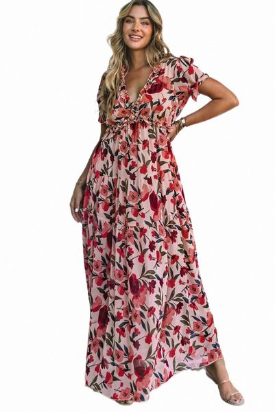 

red floral print frilled v neck short sleeve maxi dress 91j1#, Black;pink