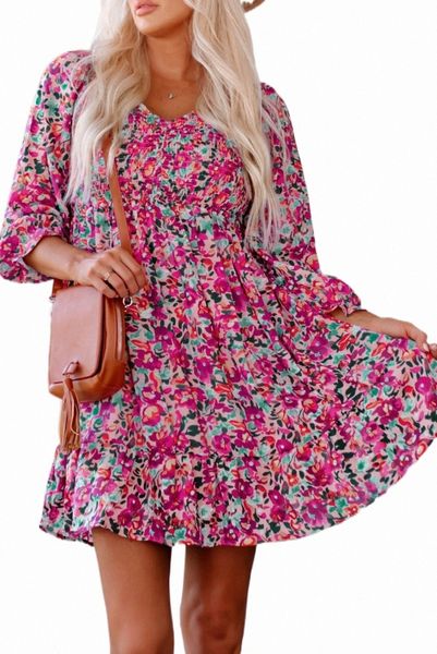

purple smocked v neck puffy sleeve floral dress p5jn#, Black;pink