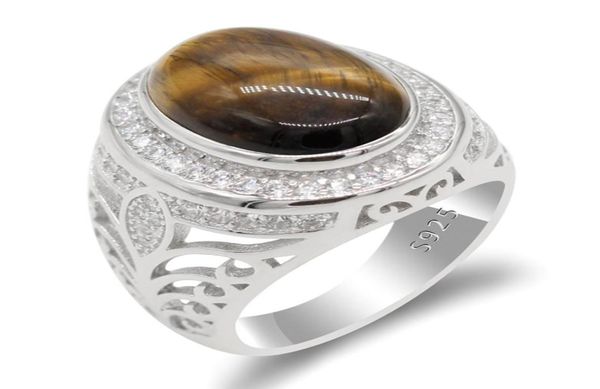 

tiger eye stone men039s ring 925 sterling silver big natural stone openwork design ring for men women turkish silver fine jewel8297684, Golden;silver