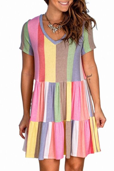 

multicolor stripe color block ruffled t-shirt dress 54tc#, Black;pink