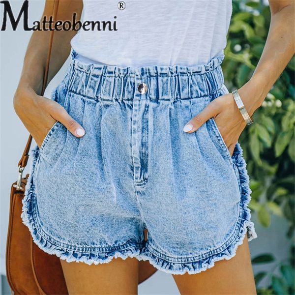 

womens shorts summer elastic waist button splicing denim female fashion trend streetwear women loose raw edge three quarter pants 230516, White;black