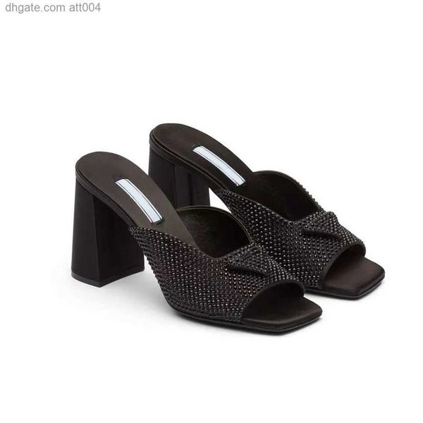 

crystal slippers mules womens slides high heels sandals rhinestone real silk95mm chunky block slip-on open toe luxury designers women's, Black