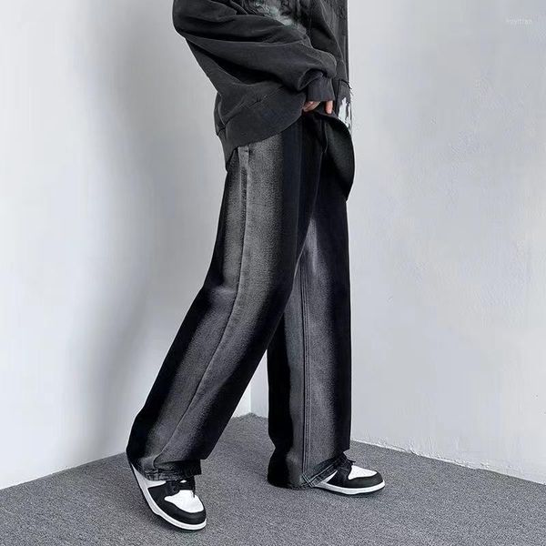 

men's jeans y2k men vintage streetwear black baggy retro high waisted straight wide leg pants denim trousers fairy grunge alt clothes, Blue